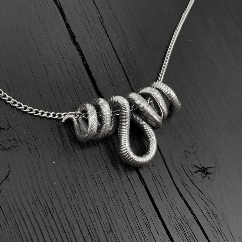 Hanging Viper Snake Pendant Necklace in Solid Hand Cast 925 Sterling Silver - Unisex Statement Jewelry Gift for Snake Lover
