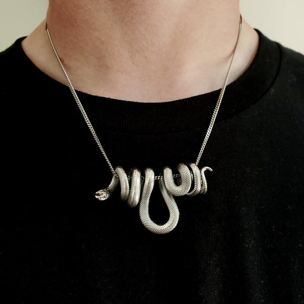 Hanging Viper Snake Pendant Necklace in Solid Hand Cast 925 Sterling Silver - Unisex Statement Jewelry Gift for Snake Lover