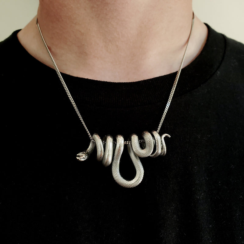 Hanging Viper Snake Pendant Necklace in Solid Hand Cast 925 Sterling Silver - Unisex Statement Jewelry Gift for Snake Lover
