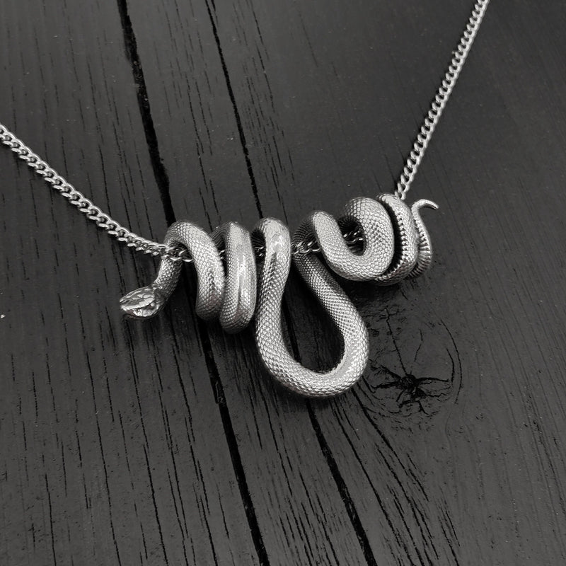 Hanging Viper Snake Pendant Necklace in Solid Hand Cast 925 Sterling Silver - Unisex Statement Jewelry Gift for Snake Lover
