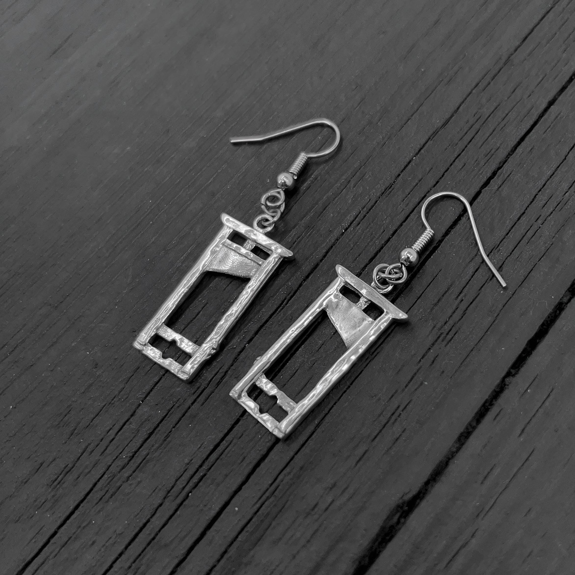 Tiny Guillotine Earrings - Solid Hand Cast 925 Sterling Silver on Stainless Steel Hooks - Moon Raven Designs