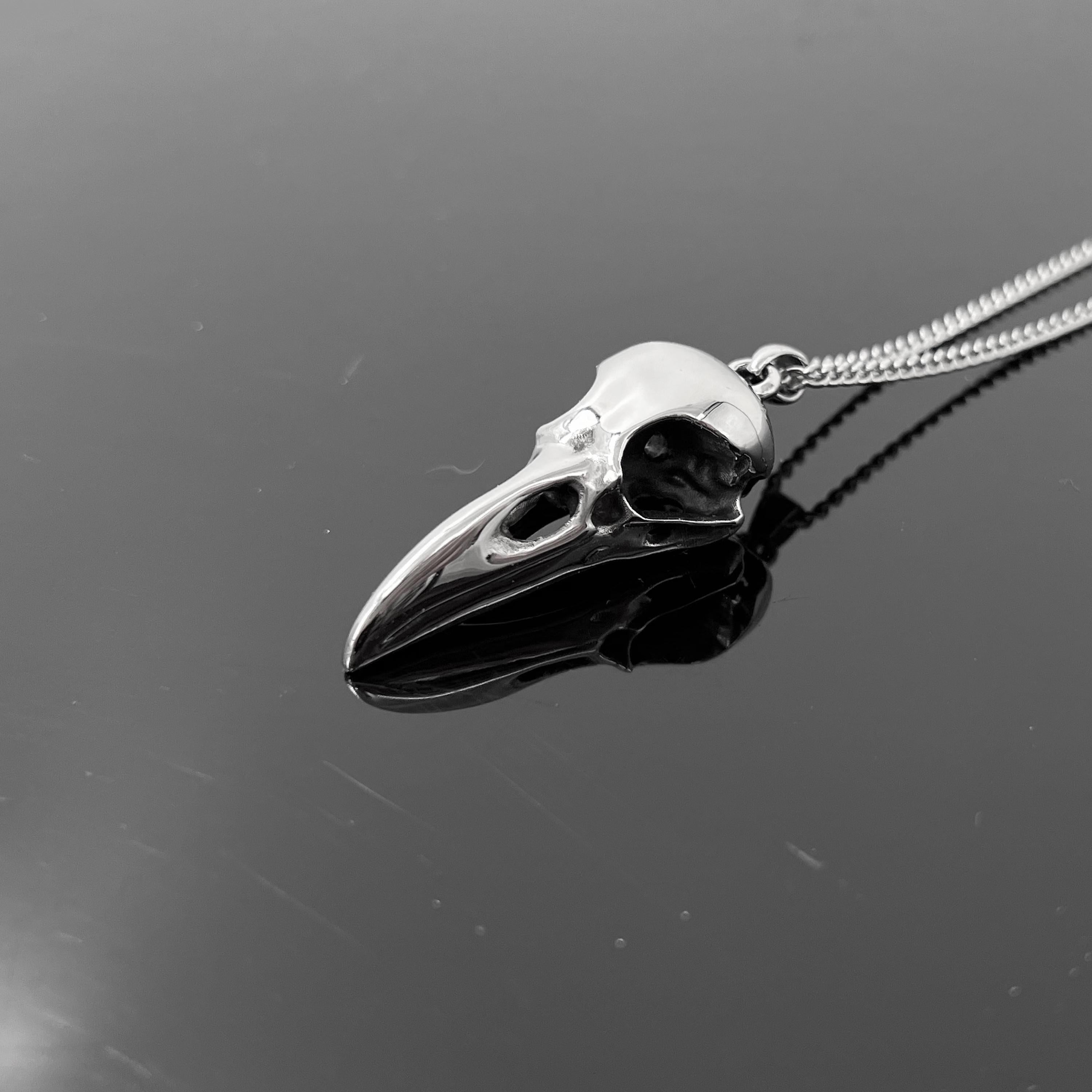 Raven Skull Necklace - Solid Cast 925 Sterling Silver - Polished Finish - Unisex Bird Skull Gift For Him or Her - Multiple Chain Options