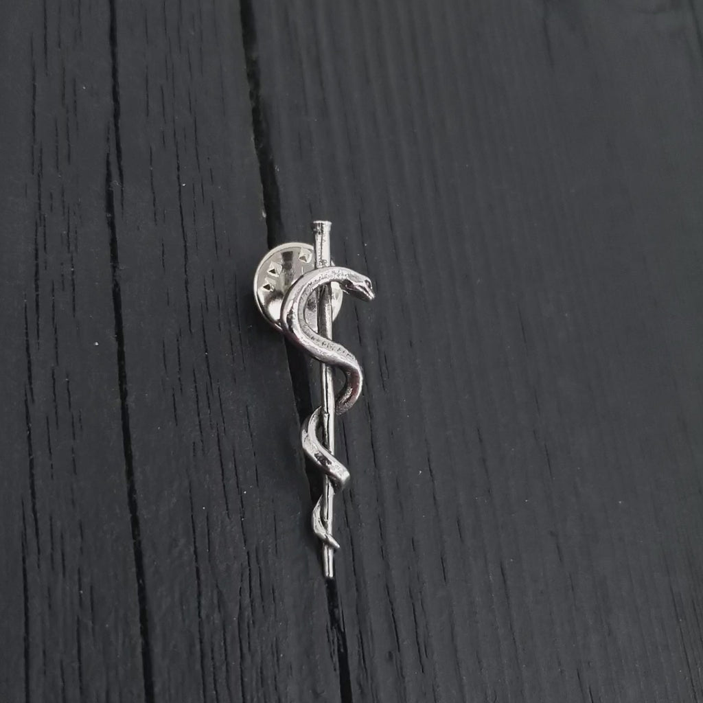 Silver medical pin with snake entwined around staff | Moon Raven
