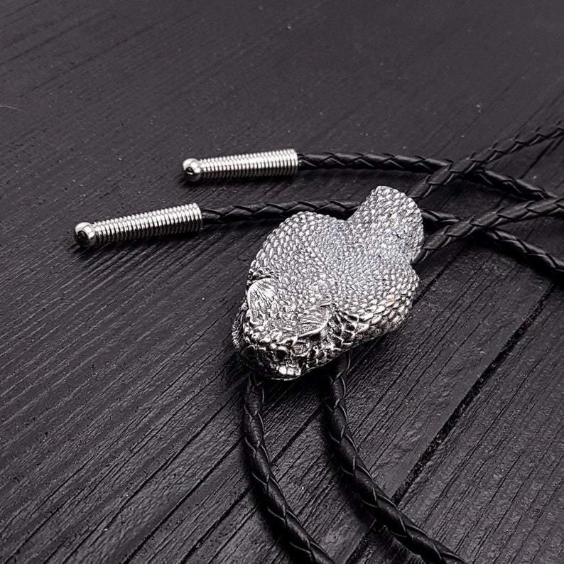 Silver Rattlesnake Bolo Tie Life Size Silver Plated Bronze Black Braided Cord with Silver Tips - Moon Raven Designs