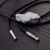 Silver Rattlesnake Bolo Tie Life Size Silver Plated Bronze Black Braided Cord with Silver Tips - Moon Raven Designs