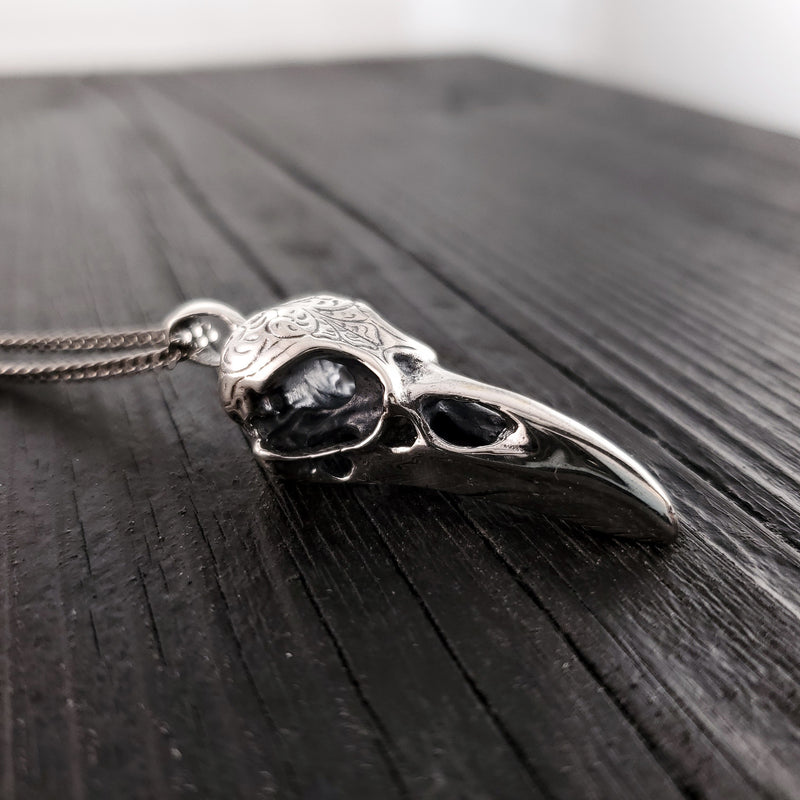 Engraved Raven Skull Pendant Necklace - Solid Hand Cast Stainless Steel - Polished Finish - Multiple Chain Options - Unisex Bird Skull Gift