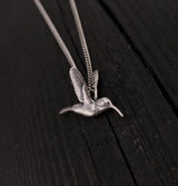 Hummingbird Charm Pendant Necklace - Solid Hand Cast 925 - Oxidized Polished Finish - Three dimensional Detail - Multiple Chain Lengths