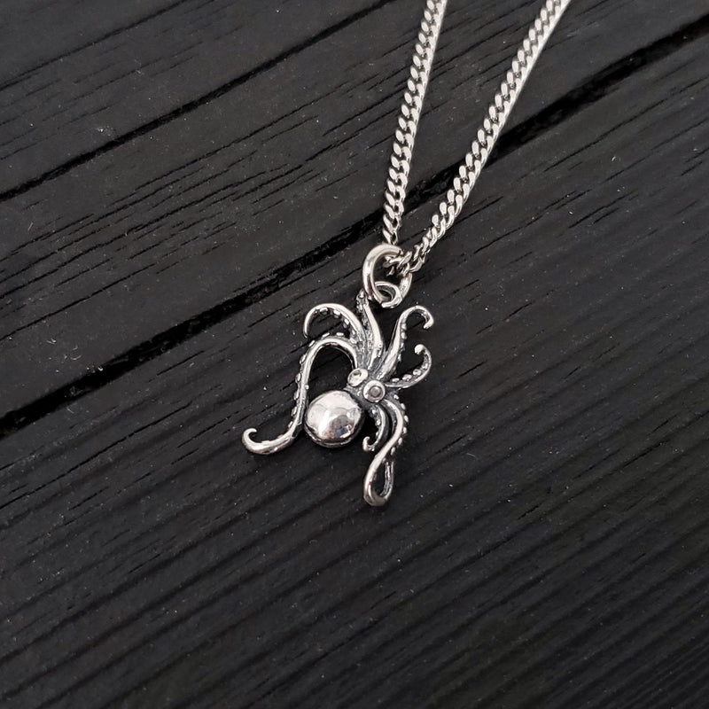 Tiny Octopus Charm Pendant Necklace - Solid Hand Cast 925 Sterling Silver - Polished Oxidised Finish - Multiple Chain Lengths - Unisex Gift