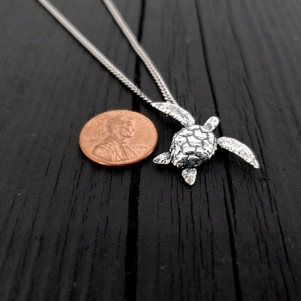 Sea Turtle Charm Pendant Necklace - Solid Cast 925 Sterling Silver - Polished Oxidized Finish - Multiple Chain Lengths - Unisex Turtle Gift