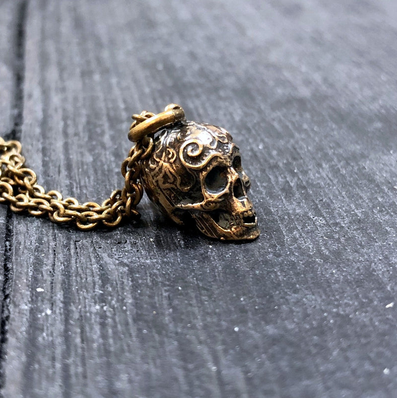 Ornate Human Skull Charm Pendant Necklace - Solid Hand Cast Bronze - Polished Oxidised Finish
