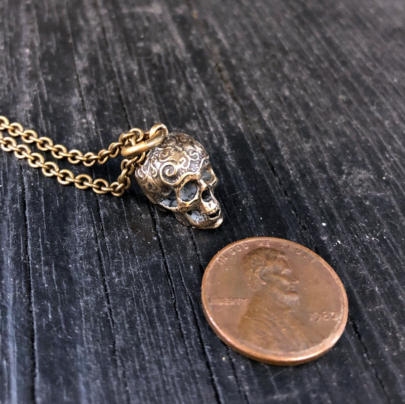 Ornate Human Skull Charm Pendant Necklace - Solid Hand Cast Bronze - Polished Oxidised Finish