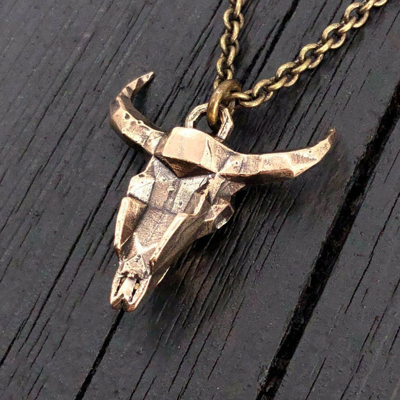 Faceted Steer Skull Necklace in Solid Bronze - Bull Skull - Unique Cow Skull Jewelry