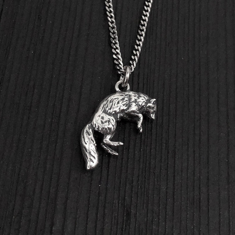 Pouncing Arctic Fox Pendant Necklace in Solid Sterling Silver - Gift For Him or Her - Unique Nature Inspired Forest Creature Jewelry