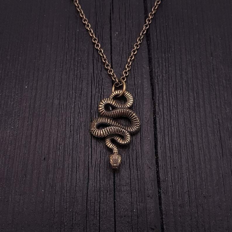 Viper Snake Pendant Necklace Solid Hand Cast Bronze Polished Oxidized Finish - Moon Raven Designs